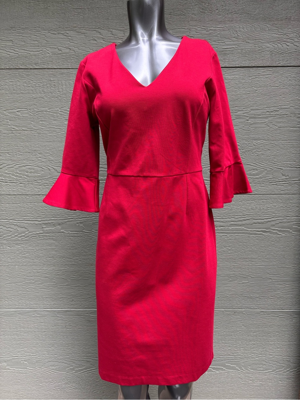 Halogen Red V‑Neck Midi Dress with Ruffle Bell Sleeves